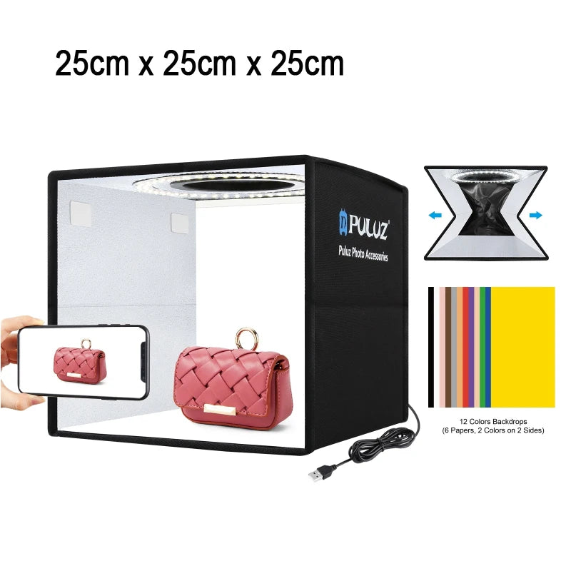 25cm Folding Portable LED Photo Studio Light Box with 12 Backdrops