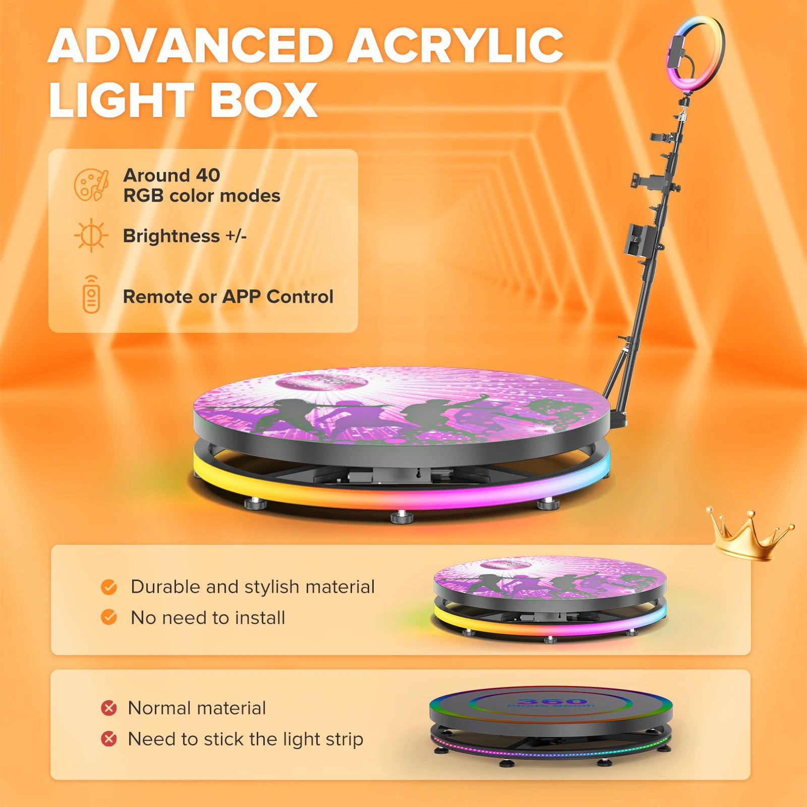 Automatic 360 Photo Booth with Flight Case and RGB Ring Light for Events