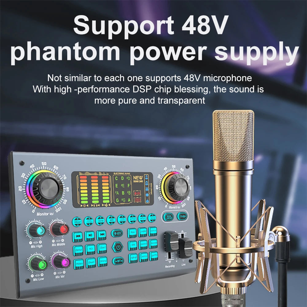 Professional Podcast Live SoundCard Equipment Bundle with 48V XLR Microphone