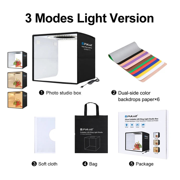 25cm Folding Portable LED Photo Studio Light Box with 12 Backdrops