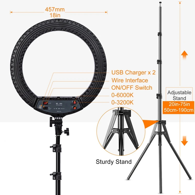 18-Inch Adjustable Ring Light with Tripod Stand for Vlogging and Selfies
