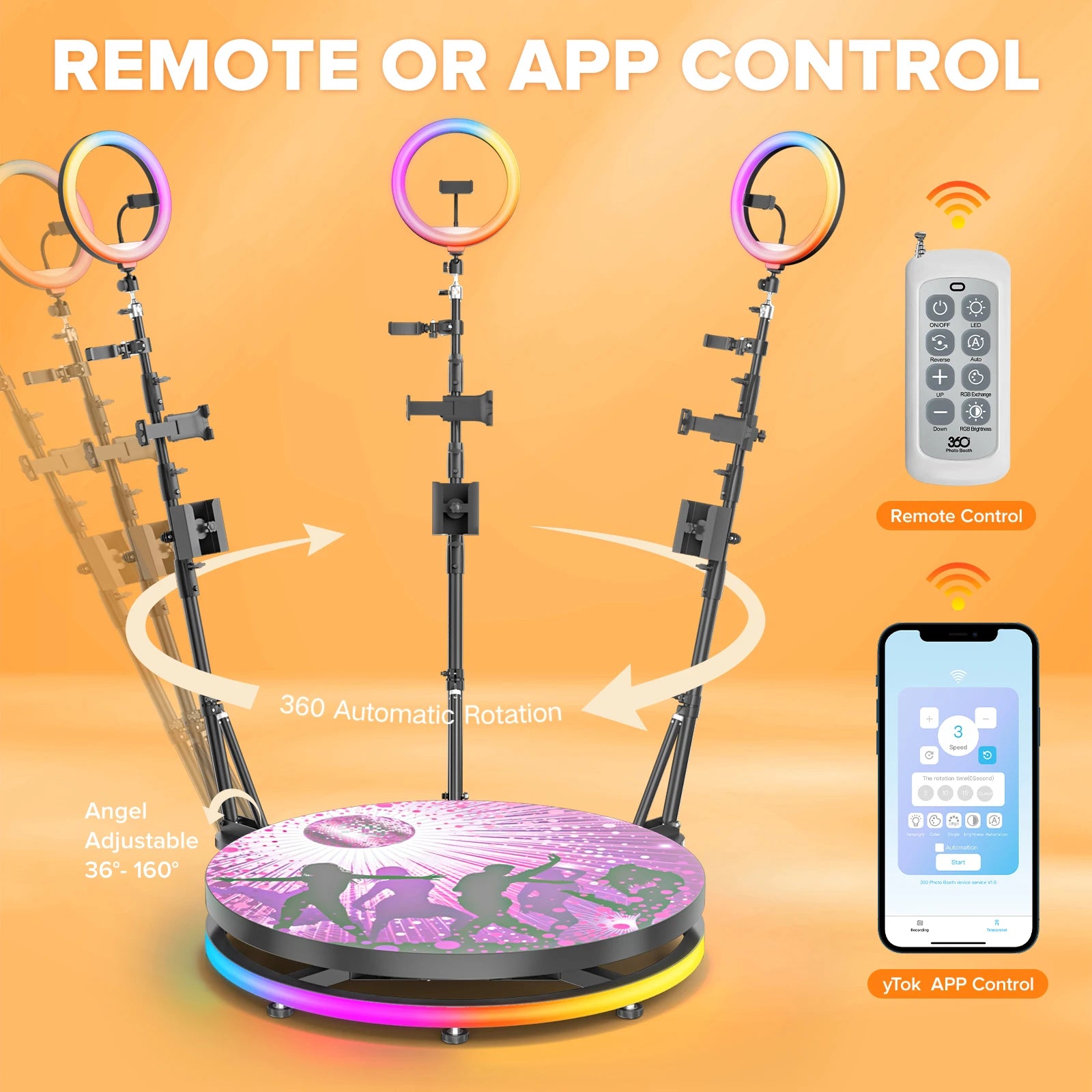 Automatic 360 Photo Booth with Flight Case and RGB Ring Light for Events