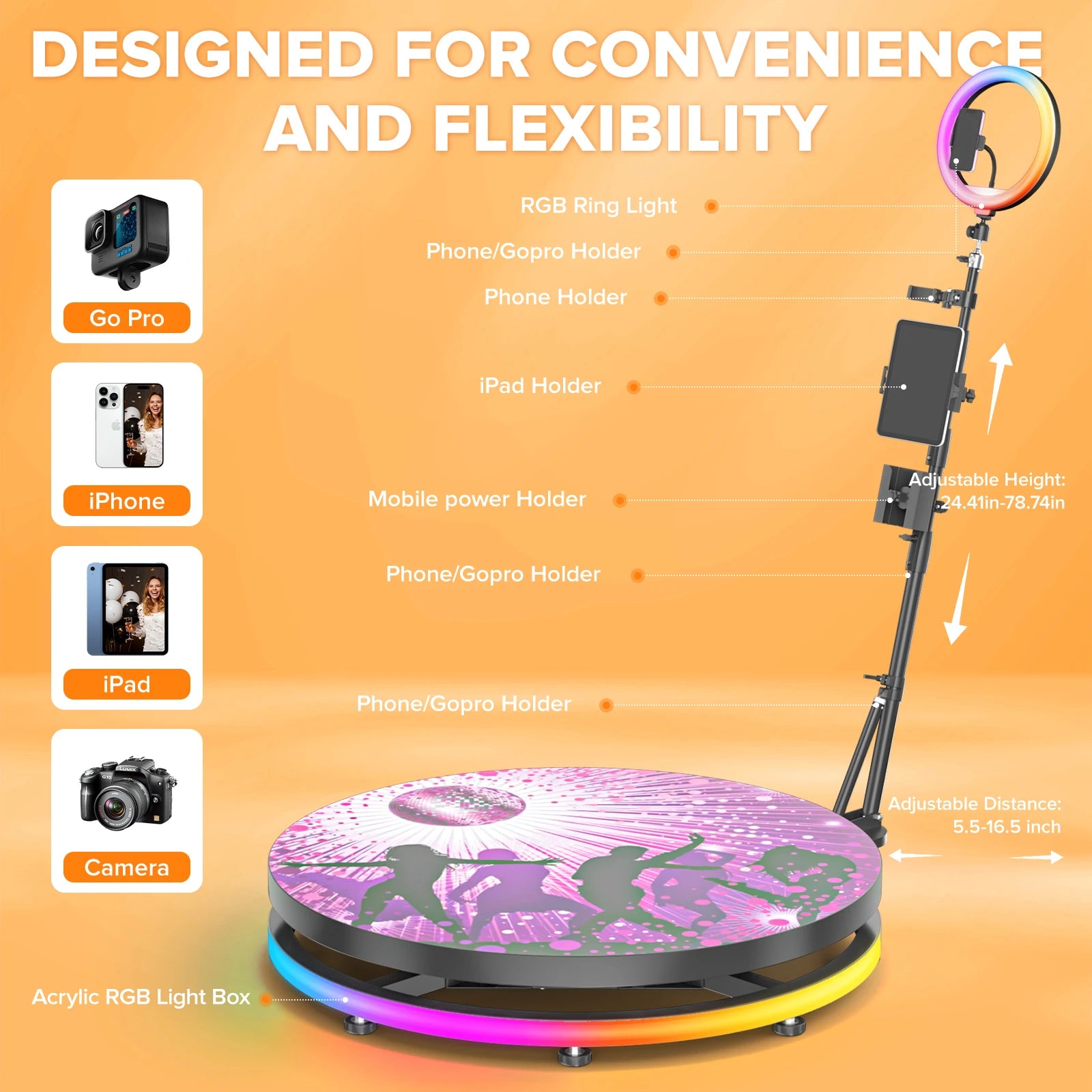 Automatic 360 Photo Booth with Flight Case and RGB Ring Light for Events