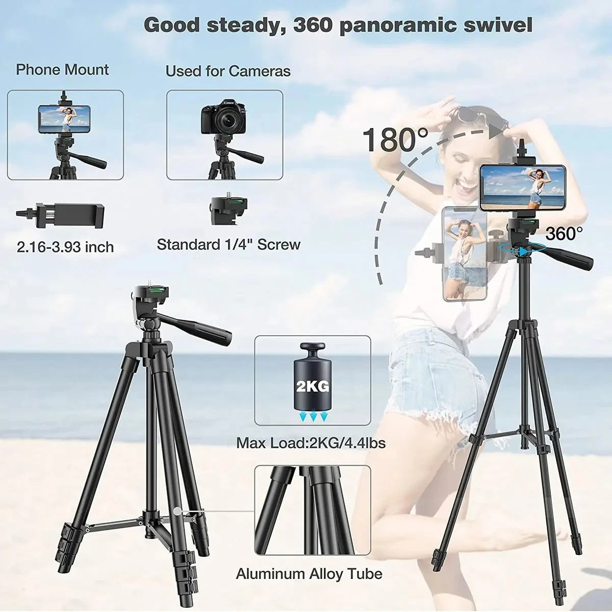 100cm Phone Tripod Stand with Bluetooth Remote for Video Recording